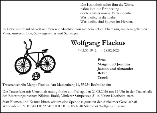 Traueranzeige von Wolfgang Flackus von Hochheimer Zeitung