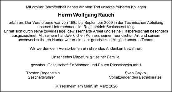Traueranzeige von Wolfgang Rauch von Rüsselsheimer Echo