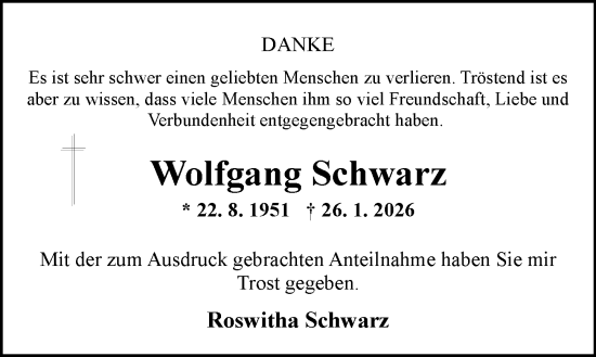 Traueranzeige von Wolfgang Schwarz von Allgemeine Zeitung Mainz