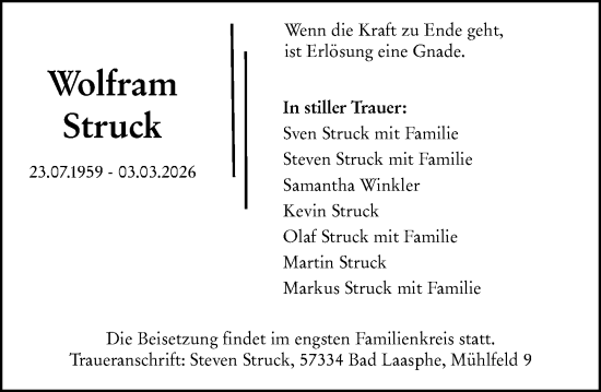 Traueranzeige von Wolfram Struck von Hinterländer Anzeiger