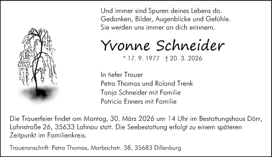 Traueranzeige von Yvonne Schneider von Dill Block