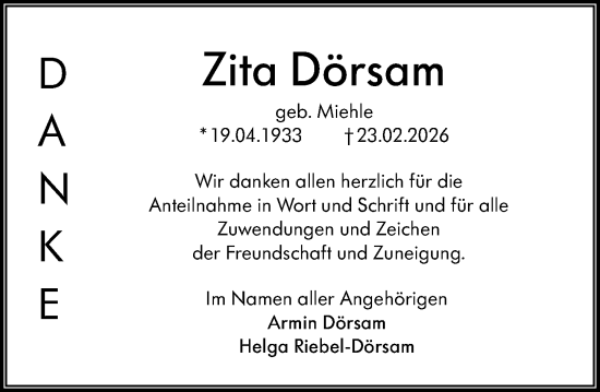 Traueranzeige von Zita Dörsam von Starkenburger Echo