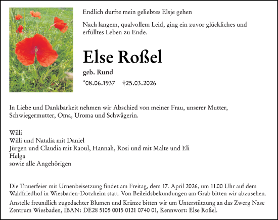 Traueranzeige von Else Roßel von Wiesbadener Kurier