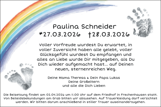 Traueranzeige von Paulina Schneider von Hinterländer Anzeiger