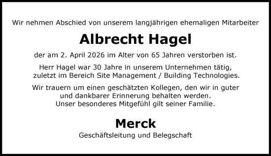 Traueranzeige von Albrecht Hagel von Darmstädter Echo
