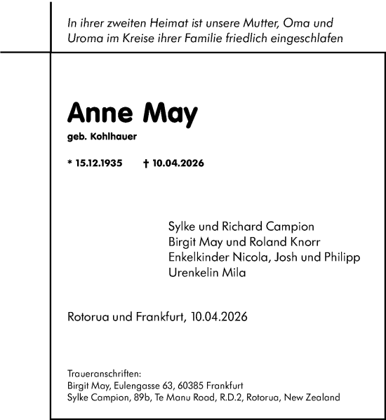 Traueranzeige von Anne May von Dill Block