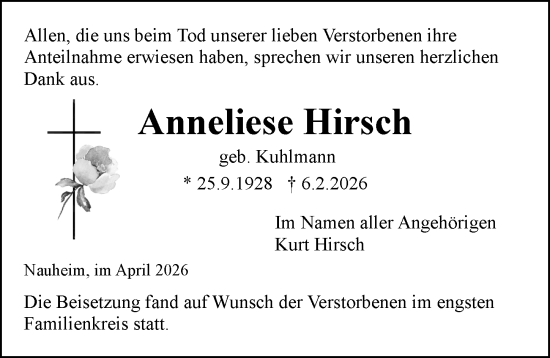 Traueranzeige von Anneliese Hirsch von Rüsselsheimer Echo