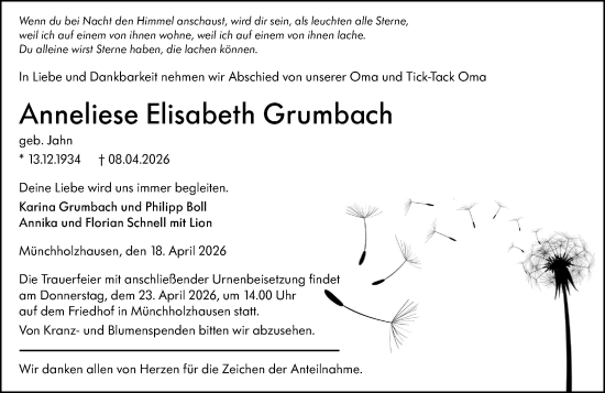 Traueranzeige von Anneliese Elisabeth Grumbach von Wetzlarer Neue Zeitung