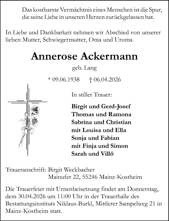 Traueranzeige von Annerose Ackermann von Allgemeine Zeitung Mainz