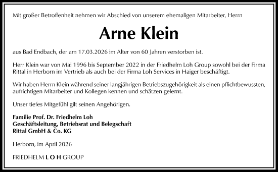 Traueranzeige von Arne Klein von Hinterländer Anzeiger