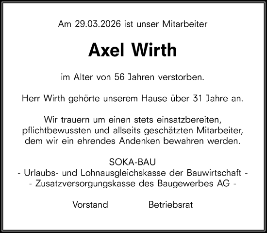Traueranzeige von Axel Wirth von Allgemeine Zeitung Mainz