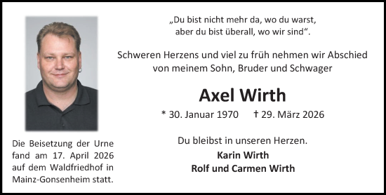 Traueranzeige von Axel Wirth von Allgemeine Zeitung Mainz