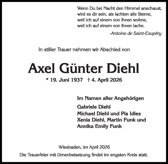 Traueranzeige von Axel Günter Diehl von Wiesbadener Kurier