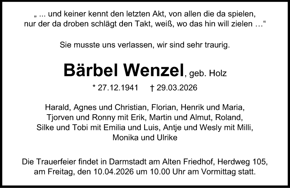 Traueranzeige für Bärbel Wenzel vom 04.04.2026 aus Darmstädter Echo