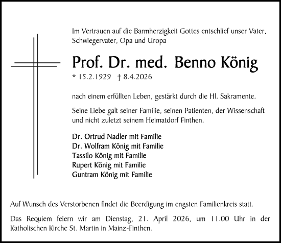 Traueranzeige von Benno König von Allgemeine Zeitung Mainz