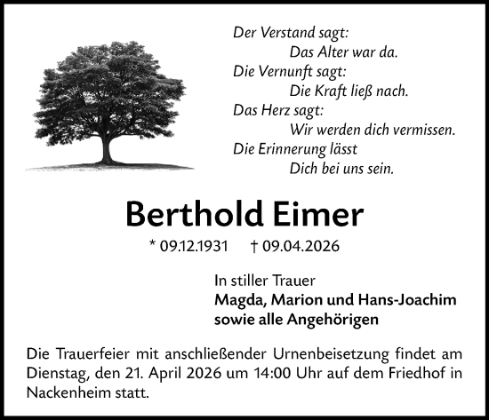 Traueranzeige von Berthold Eimer von Allgemeine Zeitung Mainz