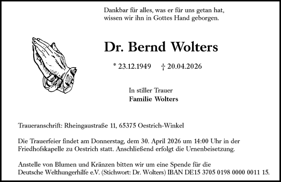 Traueranzeige von Bernd Wolters von Wiesbadener Kurier