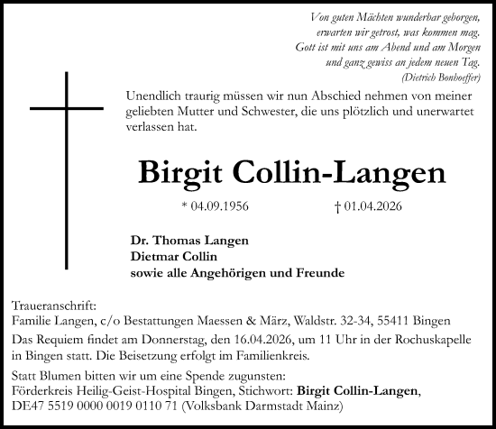 Traueranzeige von Birgit Collin-Langen von Allgemeine Zeitung Rheinhessen-Nahe