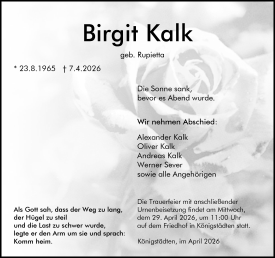 Traueranzeige von Birgit Kalk von Rüsselsheimer Echo