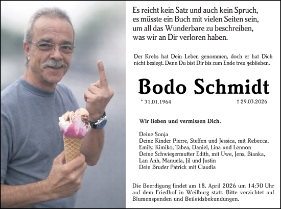 Traueranzeige von Bodo Schmidt von Weilburger Tageblatt