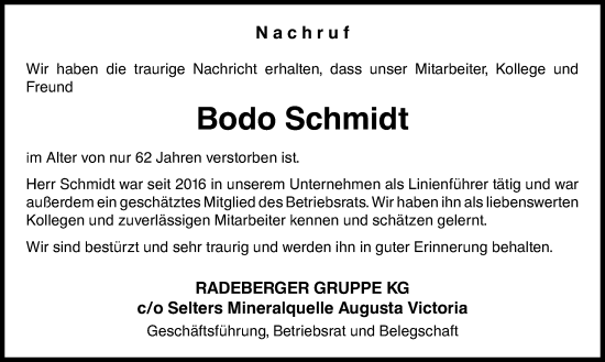 Traueranzeige von Bodo Schmidt von Weilburger Tageblatt