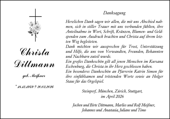 Traueranzeige von Christa Dittmann von Hinterländer Anzeiger