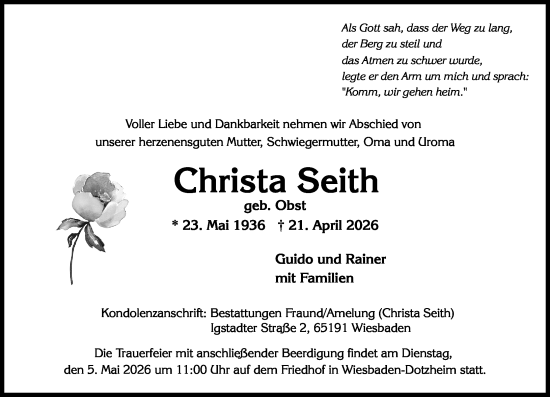 Traueranzeige von Christa Seith von Wiesbadener Kurier