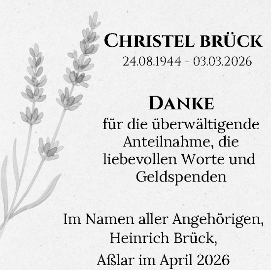 Traueranzeige von Christel Brück von Wetzlarer Neue Zeitung