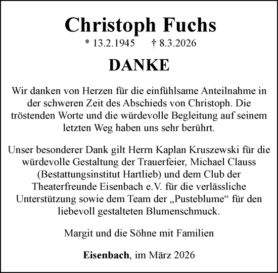 Traueranzeige von Christoph Fuchs von Camberger Anzeiger