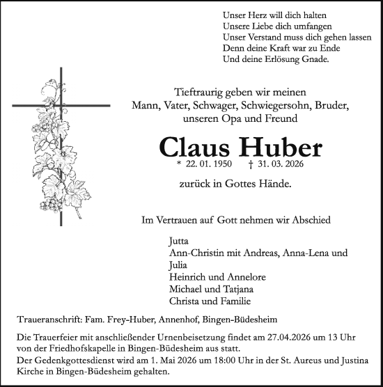 Traueranzeige von Claus Huber von Allgemeine Zeitung Rheinhessen-Nahe