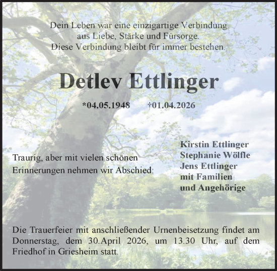 Traueranzeige von Detlev Ettlinger von Darmstädter Echo