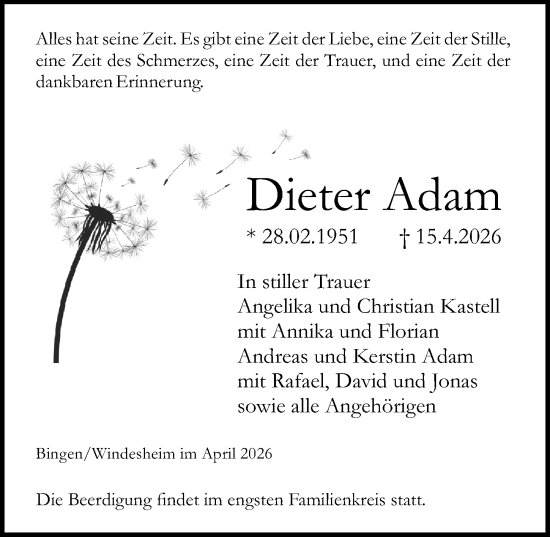 Traueranzeige von Dieter Adam von Binger-/Ingelheimer Wochenblatt