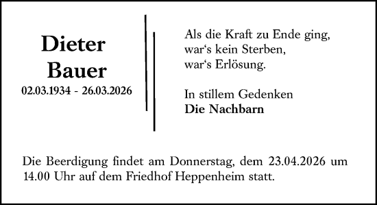 Traueranzeige von Dieter Bauer von Starkenburger Echo