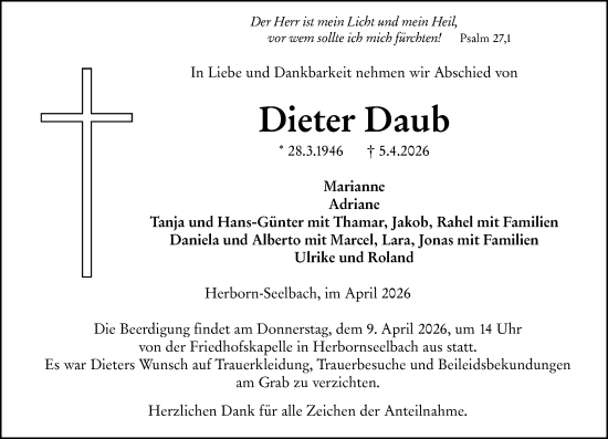 Traueranzeige von Dieter Daub von Dill Block