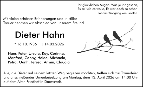 Traueranzeige von Dieter Hahn von Darmstädter Echo