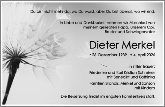 Traueranzeige von Dieter Merkel von Darmstädter Echo