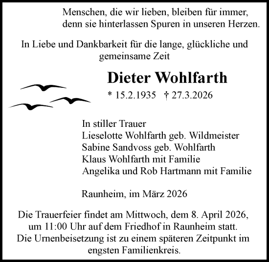 Traueranzeige von Dieter Wohlfarth von Rüsselsheimer Echo