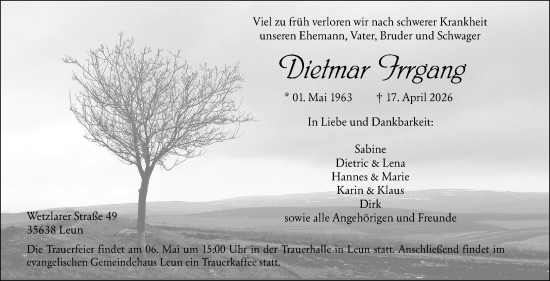Traueranzeige von Dietmar Irrgang von Weilburger Tageblatt