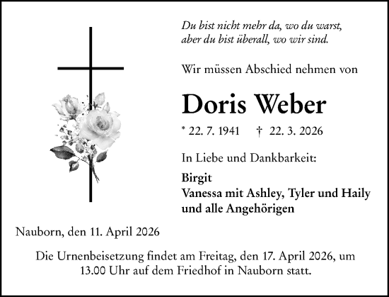 Traueranzeige von Doris Weber von Wetzlarer Neue Zeitung