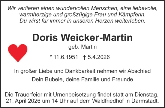 Traueranzeige von Doris Weicker-Martin von Darmstädter Echo