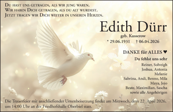 Traueranzeige von Edith Dürr von Wetzlarer Neue Zeitung