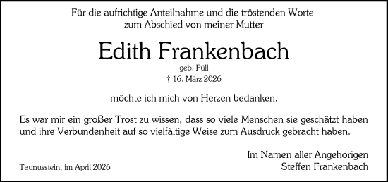 Traueranzeige von Edith Frankenbach von Rheingau-Taunus-Kreis Wochenblatt