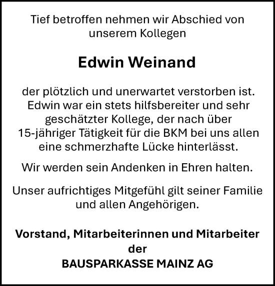 Traueranzeige von Edwin Weinand von Allgemeine Zeitung Rheinhessen-Nahe