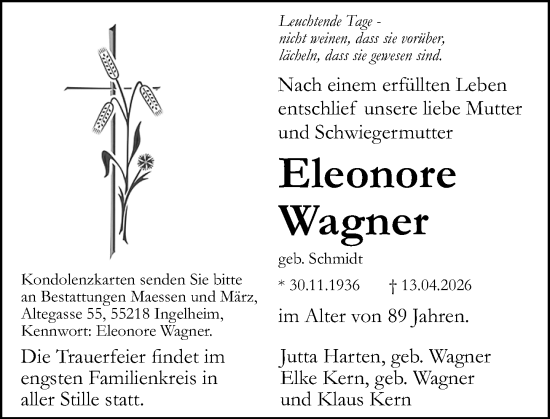 Traueranzeige von Eleonore Wagner von Nassauische Neue Presse