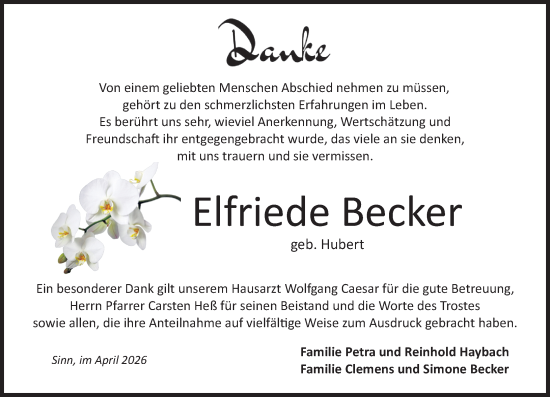 Traueranzeige von Elfriede Becker von Dill Block