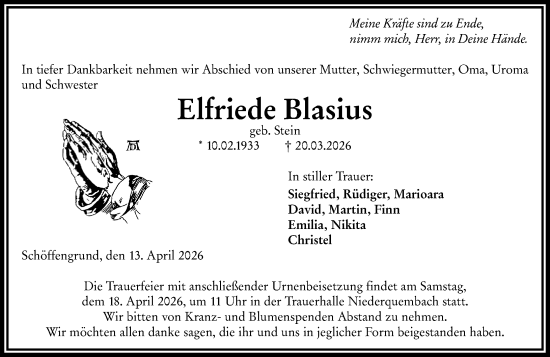Traueranzeige von Elfriede Blasius von Wetzlarer Neue Zeitung