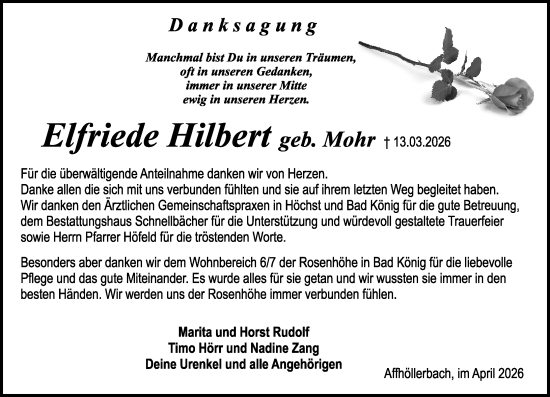 Traueranzeige von Elfriede Hilbert von Odenwälder Echo