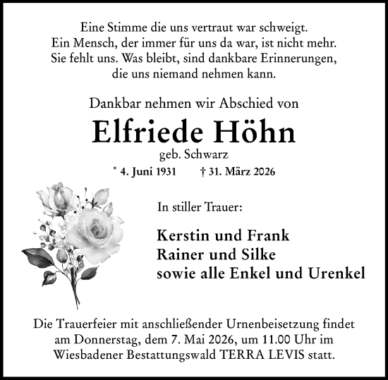 Traueranzeige von Elfriede Höhn von Wiesbadener Kurier