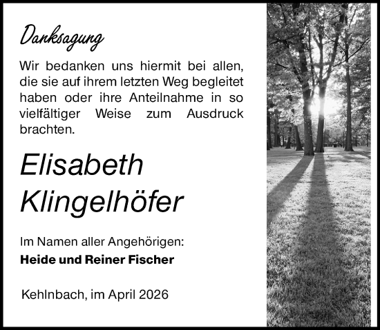 Traueranzeige von Elisabeth Klingelhöfer von Hinterländer Anzeiger