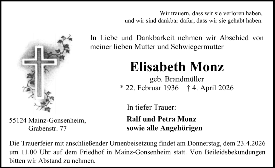 Traueranzeige von Elisabeth Monz von Allgemeine Zeitung Mainz